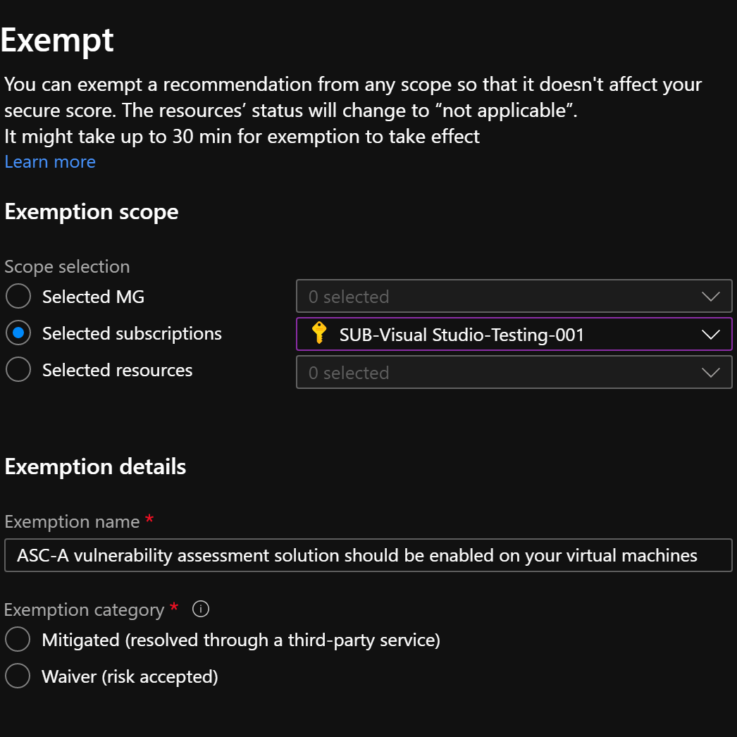 Exempt Azure Security Center recommendations from your secure score on subscription and management group level